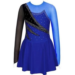 NUOYIXUAN Kunstschaatsjurk met strass lange mouwen voor meisjes, patchwork, ballet, gymnastiek, dans, body, entertainmentkleding voor kinderen (koningsblauw C, 14)