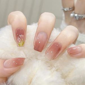 Press-on nagels, 24 stuks vierkante schattige draagbare nepnagels, gradiënt roze basis tulp ontwerp Press-on valse nagels set volledige dekking nageltips
