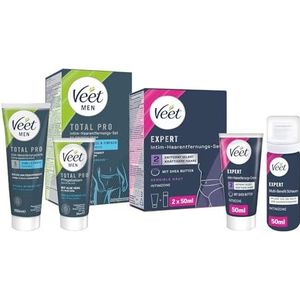 Veet Expert/Men Intieme Haarverwijderingsset voor Hem en Haar - Ontharingscrème voor de Intieme Zone met Multi-Benefit Schuim - 2x50 ml, 100 ml Tube en 50 ml Verzorgende Balsem