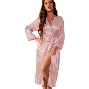 DUNSBY Satijnen badjas effen satijnen nachtgewaad elegante V-hals huisgewaad met riem sexy ademende nachtkleding voor vrouwen nachtkleding badjas, roze, S