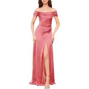 YIANN Satijnen baljurk voor dames, off-shoulder met split en geplooid korset, A-lijn baljurk formele jurk, Koraal, 32