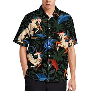 Unicorn Among Magic Herbs T-shirt met korte mouwen voor heren, casual knoopsluiting, zomer, strand, top met zak