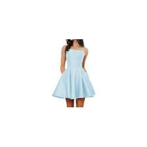 Korte thuiskomst jurken voor tieners met zakken vrouwen spaghettiband satijnen baljurk, Lichtblauw, 54