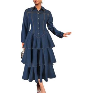 QOUERUUE Spijkerjurk voor dames met gelaagde ruches, lange mouwen en knoopsluiting, herfst shirtjurk,Blauw,L