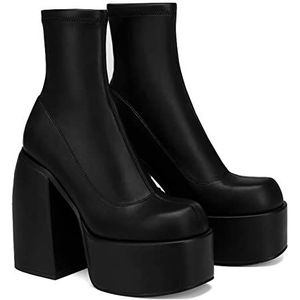 Dames enkellaarsjes met plateauzool, modieus blokhak halfhoge laarzen met ronde neus, comfortabele korte laarzen met hoge hakken voor dames(Size:39 EU,Color:Zwart)