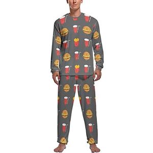 Grappige frietjes hamburger en cola zachte heren pyjama set comfortabele loungewear top en broek met lange mouwen geschenken XL