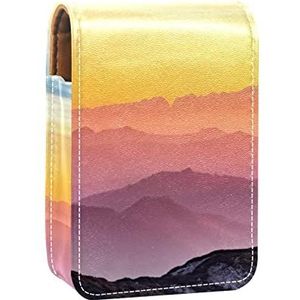 Draagbare Lipstick Case voor op reis, Mini Lipstick Opbergdoos met spiegel voor dames dames, Lederen cosmetische etui Bergen Zonsondergang Landschap View, Meerkleurig, 9.5x2x7 cm/3.7x0.8x2.7 in