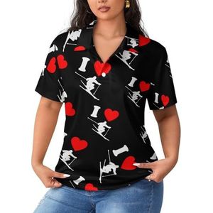 I Love Ski Dames Poloshirts met korte mouwen Casual T-shirts met kraag Golfshirts Sport Blouses Tops XL