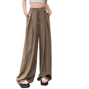 Dames Hoog Elastische Getailleerde Broek Kreukels Wijde Pijpen Losse Pasvorm Zakelijke Casual Broek met Zakken,Khaki,L