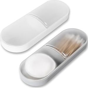 Adorila Wattenstaafjeshouder, 2 stuks lichtgewicht plastic container, draagbare Qtip opbergdoos met 2 vakken, transparant ontwerp voor huishoudelijke reizen, wit, grijs