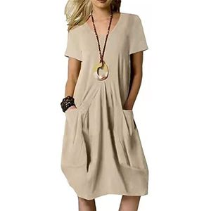 Casual Katoenen Linnen Jurk Voor Dames Zomer Korte Mouw Losse Pasvorm Comfortabele Ronde Hals Midi Daily Chique Jurk Met Zakken (Color : Khaki, Size : XL)