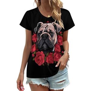 Engelse Bulldog Roses Dames V-hals T-shirts Leuke Grafische Korte Mouw Casual Tee Tops 2XL