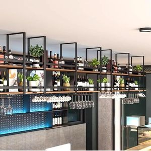 Hangend wijnrek - plafond zwevende planken, hangende plafondplank industriële opslagplank plafond gemonteerd, zwevende hangende plank 2 niveaus wijnrek, keuken/restaurant/bar decoratie (maat: 80* 30*