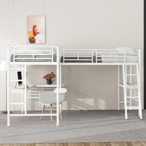 90 x 200 cm hoogslaper, twee stapelbedden, tafel onder het bed, dubbele trap, hoge leuning (wit)