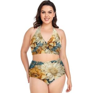 Bloemen Gouden Madeliefje Bloem Vrouwen Bikini Sets Plus Size Badpak Twee Stukken Hoge Taille Strandkleding Meisjes Badpakken, Pop Mode, L