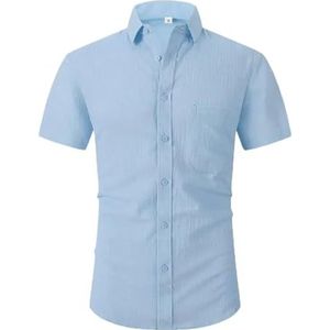 Herenshirt met korte mouwen, katoenen linnen herenoverhemden met korte mouwen, zomer, effen kleur, omgeslagen kraag, casual strandstijl voor vrije tijd, Blauw, 3XL