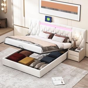 Crlnaup Elegant gestoffeerd bed, 160 x 200 cm, met grote rugleuning, fluwelen bed met led en USB-stopcontact, hydraulisch opbergsysteem, klassiek beige