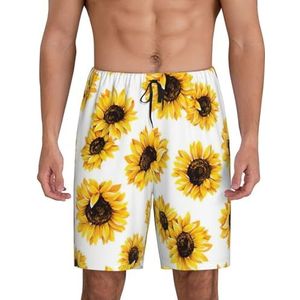 Heren zonnebloem print lounge shorts pyjamabroek nachtkleding shorts kerst shorts losse sportbroek, Zwart, M