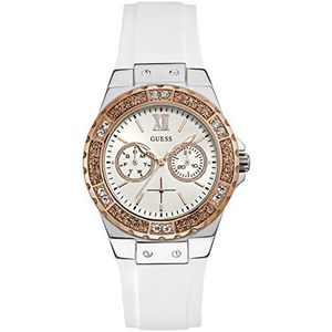 GUESS Roestvrij staal + vlekbestendig siliconen horloge voor dames met dag- en datumfuncties, Wit/Wit/Zilver Toon, NS, LIMELIGHT