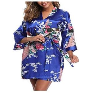 VONCYKI Satijnen zijde vrouwen bruiloft bruidsmeisje gewaad sexy kraan print badjas korte lange kimono nachtjapon gewaad mode ochtendjas vrouw (koningsblauw, 4XL)