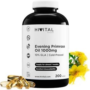 Teunisbloemolie 1000 mg met 10% Omega 6 GLA. 200 capsules van natuurlijke koudgeperste olie. Voor meer dan 6 maanden behandeling. Bevat 10% GLA en Vitamine E. Gefabriceerd in Europa door HIVITAL