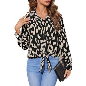 dames topjes Overhemd met volledige print en knoopzoom - Veelkleurige casual overhemdkraag Knoopsluiting aan de voorkant Lange mouw Los geweven stof (Color : Multicolore, Size : L)