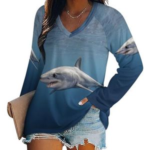Shortfin Shark Under The Sea damesshirt met V-hals en lange mouwen, casual losse pasvorm blouses