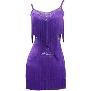 FZHQNZJF Kwast Latijns Dansjurken Tango Balzaal Concurrentie Danskleding Steentjes Cha Cha Dans Prestatie Kostuum Ademend Dansuitrusting voor Rumba Samba,Purper,L