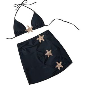 HFYRBDKSPI Vrouwen 3-delige bikinisets Zeester Sexy halternek Driehoekige badpakken met bedekken,zwart,L