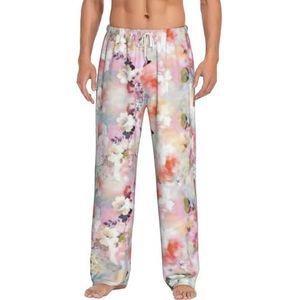Mooie Roze Bloem Mannen Lange Lounge Wear Broek Nachtkleding Pyjama Bodems Nachtkleding Met Zakken En Trekkoord, Wit, S