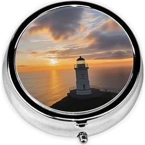 Pillendoosje Reizen Pillendoos met 3 Compartimenten Kleine Pillenetui voor Portemonnee & Pocket Draagbare Geneeskunde Organizer Zee en Vuurtoren Leuke Ronde Pillencontainer voor Vitaminen Medicatie