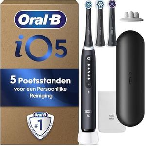 Oral-B iO5 Zwarte Elektrische Tandenborstel, 3 Opzetborstels, 1 Reisetu i, Etui Voor De oplader,Opzetborstel Houder
