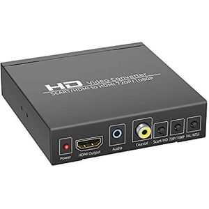 SCART en HDMI naar HDMI Converter 1080P, SCART naar HDMI-adapter, ondersteuning 3,5 mm en coaxiale stereo audio-uitgang compatibel met HDTV DVD Laptop STB