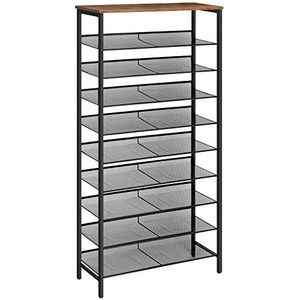 HOOBRO Schoenenrek, 10-laags hoge schoenenrek, grote schoenenkast, voor 27-36 paar schoenen, met platte en kantelbare planken, ruimtebesparend, voor hal, ingang, donkerbruin-zwart EBF110XJ01