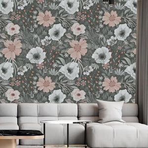 Behang Retro Bloempatroon Pel en Stok Zelfklevend Behang voor Woonkamer Badkamer Slaapkamer Art Deco Muur Papier Keuken Wallpapers Verwijderbaar 40 x 120 cm/5 rollen