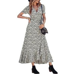 Lange damesjurk met bloemenprint, ruches, zijsplitten, korte mouwen, V-hals en elastische taille - Elegante en stijlvolle zomermaxi-jurk