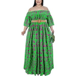 Dames Plus Size Sexy Off Shoulder Halve Mouw Bedrukte Maxi-jurk Hoge Taille A-lijn Vloeiend Grote Swing Vakantiejurk (Color : Green, Size : 5XL)