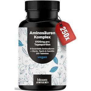 Aminozuren Complex Hooggedoseerd – 250 Tabletten – 6105 mg per Dagdosering met 9 Essentiële Aminozuren + Glycine, Taurine & Carnitine – Eiwit Supplement – Vegan & Geproduceerd in Duitsland