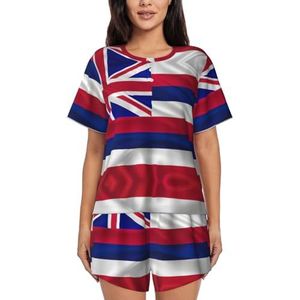 YQxwJL Vlag Van Hawaii Amerikaanse Print Vrouwen Pyjama Sets Shorts Korte Mouw Lounge Sets Nachtkleding Casual Pjs Met Zakken, Zwart, XL