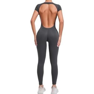Sexy yoga-set, blote rug, eendelig, romper voor dames, sneldrogende yogakleding, trainingsbodysuit, uitlopend sportpak voor dames (grijs, L)