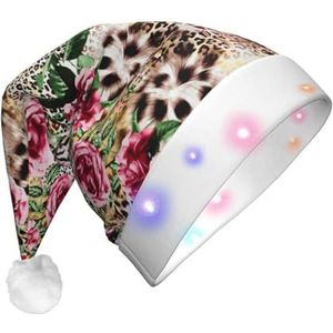 EdWal dier Tiger Leopard Print Rose Flower Santa Hat LED Light-up Hoed, grappige pluche kerstmuts, kerstvakantie feesthoed voor volwassenen