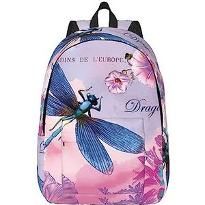 Roze bloem en blauwe libelle canvas grote capaciteit plunjezak met verstelbare schouderbanden voor school buitensporten, Zwart, S