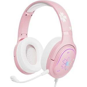 Mytrix Roze Sakura Gaming Headset met RGB-look, over-ear hoofdtelefoon met microfoon en kabel voor pc, iPad, mobiele telefoon en gameconsole, wordt geleverd met volumeregeling, licht