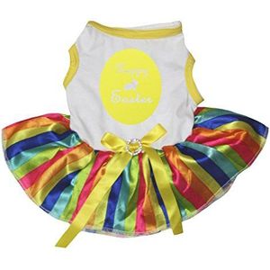 Petitebelle Happy Paasei Wit Shirt Regenboog Strepen Tutu Puppy Hond Jurk, Small, Kleur: wit