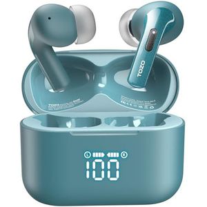 TOZO T20 Draadloze Bluetooth-hoofdtelefoon met 48,5 uur looptijd met digitaal led-display, IPX8 waterdicht, dubbele microfoon, 10 mm luidsprekers met groot bereik met draadloze oplaadhoes