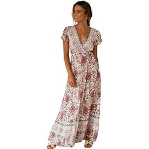 XWANG Lange jurk voor dames, chiffon, ruches met diepe V-hals, bloemenprint, zomerjurk, strandjurk, mouwloos, cocktailjurk, partyjurk, maxi-jurk, blousejurk, 32, roze, S