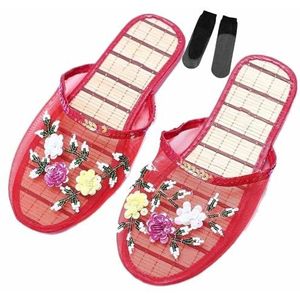 Chinese mesh pantoffels for dames Chinese sandaalpantoffels met bloemenkralen en ademende mesh for dames met sokken (Color : Red, Size : 40 EU)