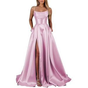 KIYNE Satijnen galajurken voor dames met steekzakken en spaghettibandjes, lange formele avondjurk, roze, 36