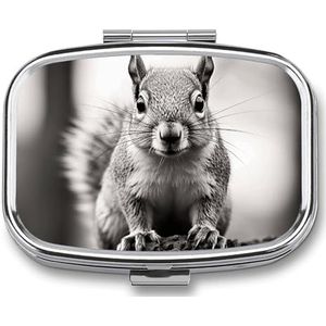 Lichtgrijze eekhoorn pillenetui met 2 compartimenten, pillenorganizer, draagbare vierkante pillendoos, vitaminepilorganizer voor zakportemonnee en reizen