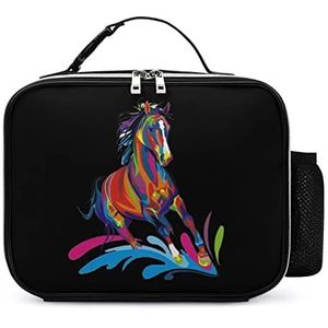 Kleurrijke Paard Pop Art Afneembare Maaltijd Pack Herbruikbare Lederen Lunch Box Container Draagbare Lunch Bag